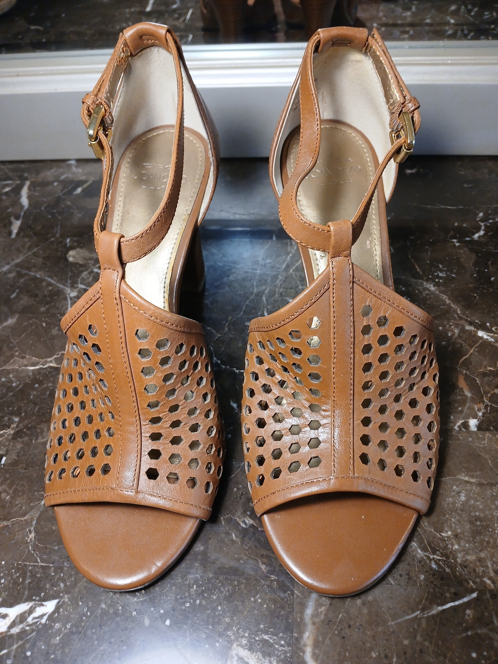 Women’s Tan Perforated T-Strap Wedge Heels with Buckle